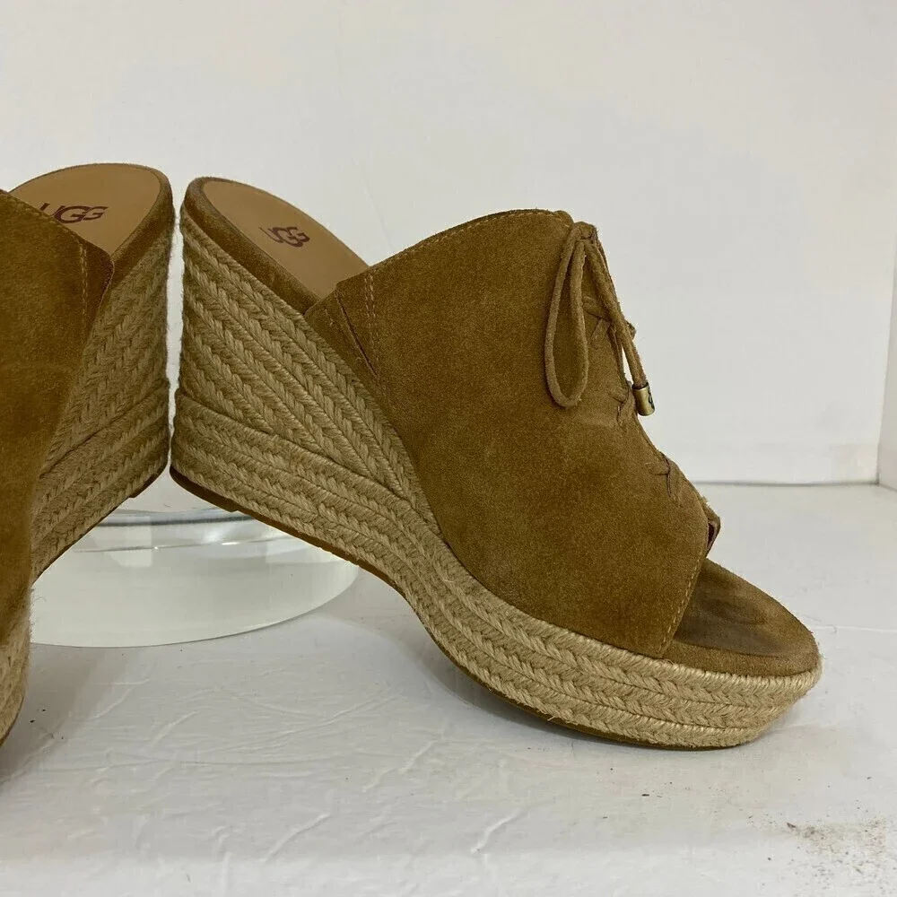 UGG Giorgia Chestnut Suede Espadrille Wedge Sandal Size 9